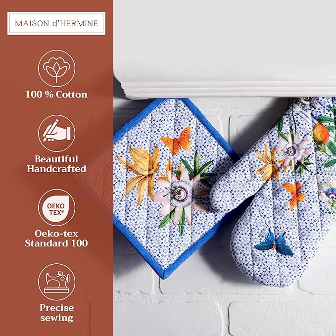 Maison d' Hermine 100% Cotton Oven Mitt & Pot Holder Set (7.5"x13" & 8"x8") Heat Resistant BBQ Cooking Gloves with Loop Baking Grilling Kitchen Gifts for Mothers Day Spring/Summer (Passiflora)