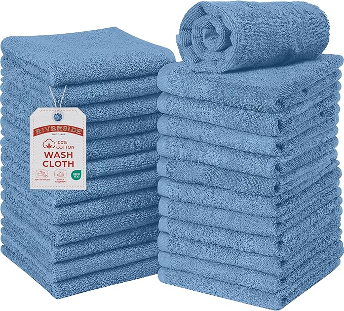 RIVERSIDE Pack of 24 Wash Cloths for Showering, 12 x 12 Inches, Super Soft & Absorbent, 100% Cotton Washcloths Premium Quality Flannel Face Cloths for Bathroom, Gym, Spa (Electric Blue, 24 Pack)
