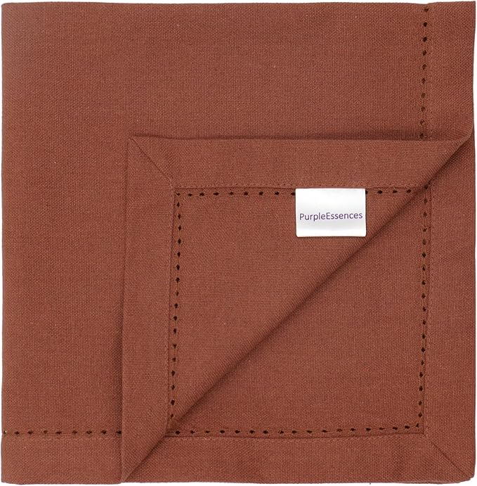 PurpleEssences Rust Set of 12 Hemstitch Cloth Dinner Napkins 100% Cotton - Soft Durable Washable - Ideal for Wedding Spring Easter Summer - Perfect Everyday Use Table Linen 18x18 - Rust