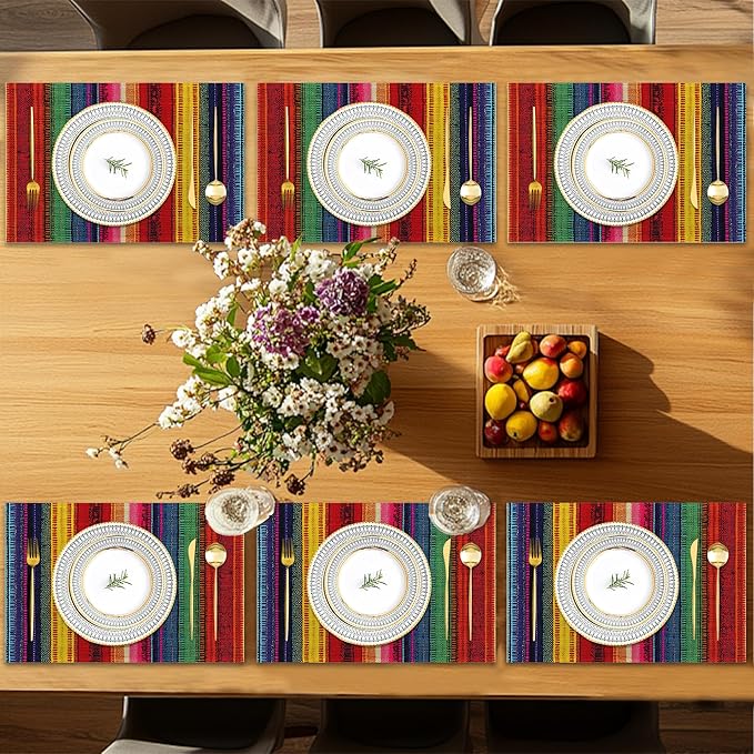 Mexican Placemats Set of 6,Ethnic Stripes Rainbow Table Mates Non-Slip Heat Resistant Washable Linen Place Mats for Party Kitchen Dining Decoration Indoor Outdoor 12"x18"
