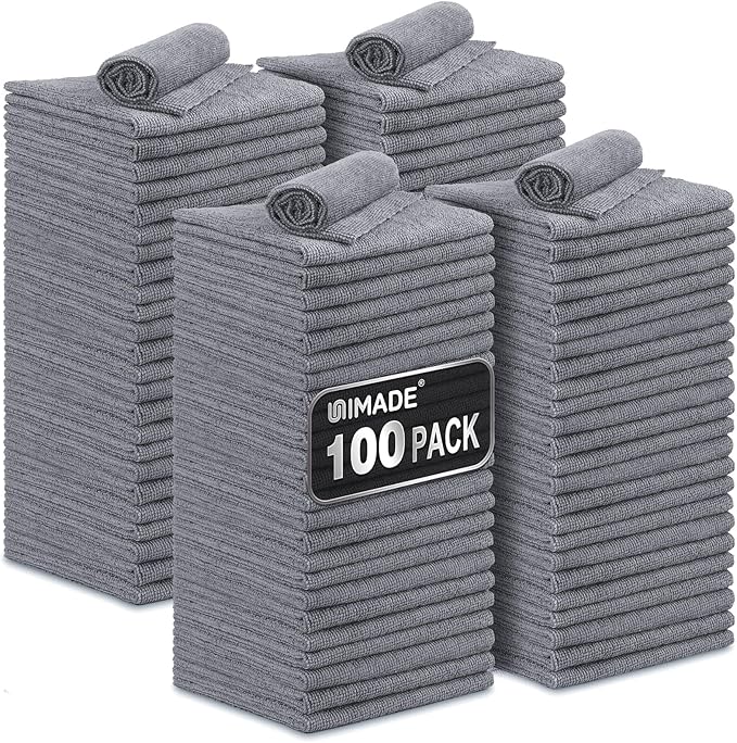 UNIMADE Microfiber Cleaning Cloth, 100 Pack Microfiber Towels for Cars Commercial Grade Work Rags Bulk Detailing Cloth for Automotive Bar Mechanic Restaurant Garage Housekeeping, 11.5"x 11.5", Grey