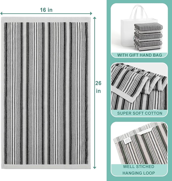 Kitchen Dish Towels for Drying Dishes, Large Cotton Kitchen Towels, Stripped Terry Dish Cloths, Thick Highly Absorbent Towel Sets with Hanging Loop, 16" X 26", 6 Packs, Grey and Solid Color