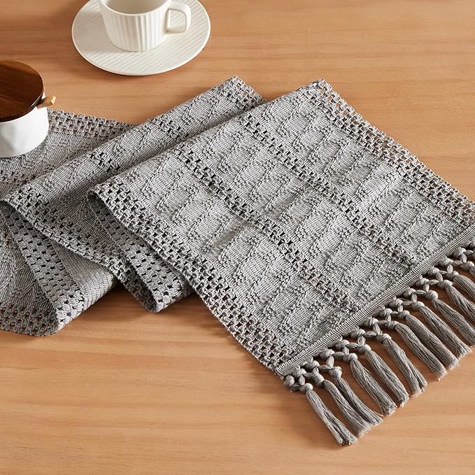 ZeeMart Macrame Style Boho Table Runner, Grey Table Runners 48 Inches Long, Farmhouse Woven Home Decor, 12x48 Inch, Grey