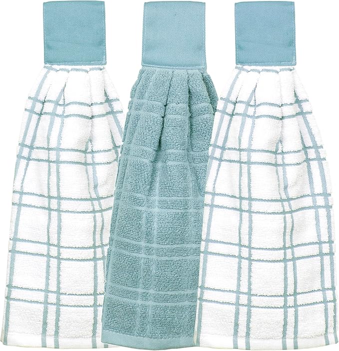 Ritz Premium 100% Cotton Solid and Multi Check Kitchen Tie Towel Absorbent, Super Soft, and Fast Drying Hang Towel, Set of Three, Dew