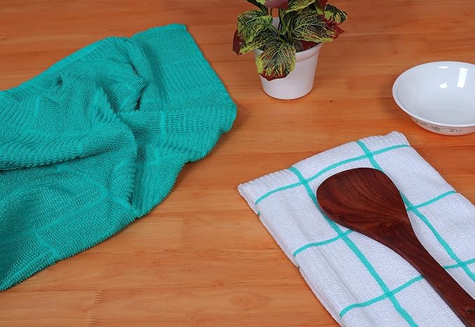 AMOUR INFINI Kitchen Towels Pack of 4, Terry Cotton Dish Towels, Ultra Absorbent, Quick Drying Hand & Tea Towels, Soft Durable Cleaning Cloths with Hanging Loop, 16 x 26 Inch (Teal)