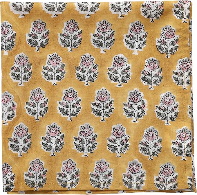 CPC Cloth Napkins 100% Cotton Set of 4 Reusable Napkins, Indian Block Print Toile Floral Dinner Napkin, Fall Thanksgiving Christmas Holiday Party Gift - Soft Absorbent Napkin, 18"x18" Yellow Citrine