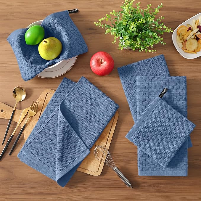Homaxy 100% Cotton Terry Kitchen Towels(15" x 25", 8 Pack), Soft and Super Absorbent Dish Towels, 380 GSM Reusable Tea Towel with Hanging Loop, Pineapple Grid Designed, Navy Blue