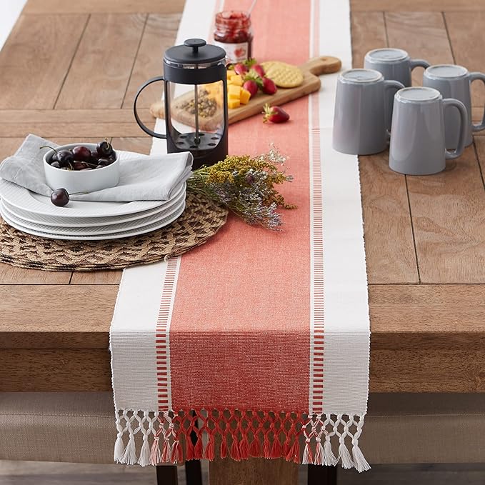 DII Dobby Stripe Woven Table Runner, 13x72 (13x77.5, Fringe Included), Spice