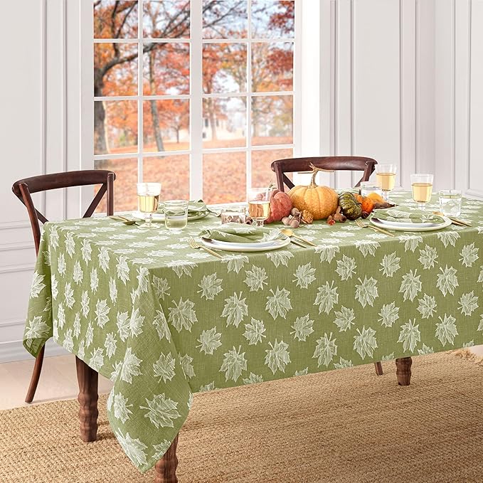 Elrene Home Fashions Falling Leaves Jacquard Harvest/Thanksgiving Cotton Tablecloth, 60"x120" Rectangle, Green