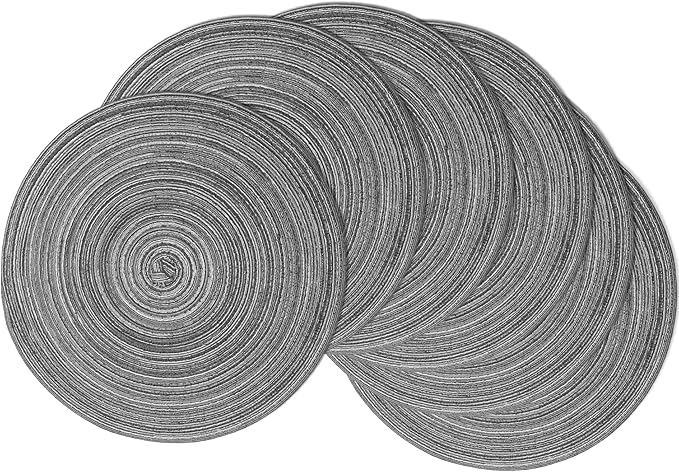 Braided Round Placemats Set of 6,Woven Washable Non-Slip Table Mats for Kitchen Dining, 14.5 Inch, Heat Resistant - Natural Fabric Indoor Outdoor Place Mats(Black Gray)
