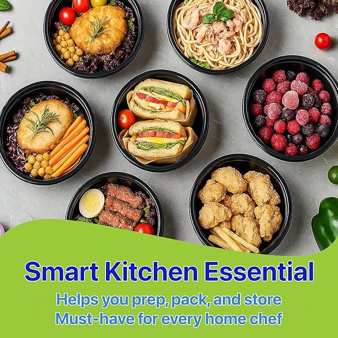 Meal Prep Containers Round [60 Set] x [32 oz] with Lids, 1 compartment, Stackable, Reusable, Leakproof, Food Safe, Microwave, Freezer & Dishwasher Safe for Food Prep Storage (60 Set, 32 oz)