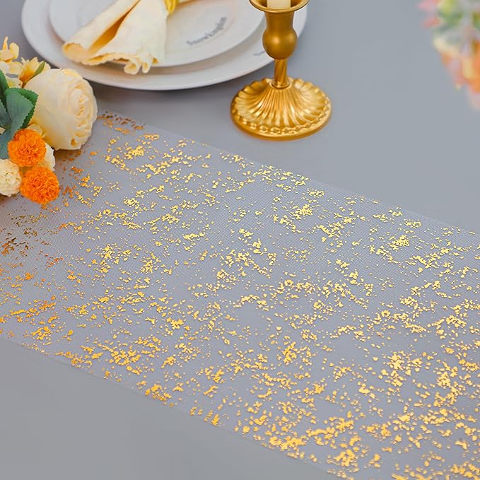 Snowkingdom 2 Pcs Gold Table Runner Roll, Sheer Gauze Chiffon Tulle Fabric Sequin Glitter Metallic Foil, Gold Golden Table Decorations for Home Wedding Birthday Party Anniversary Christmas