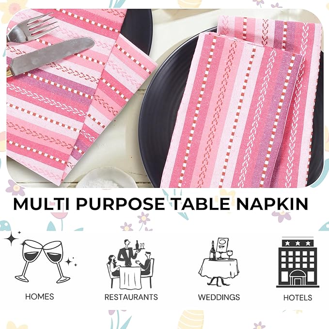Homidate Cotton Cloth Dinner Napkins Set of 12 – 18x18 Pink Multi Salsa Stripe – Reusable Machine Washable Fabric Napkins for Weddings, Parties, Kitchen & Everyday Dining