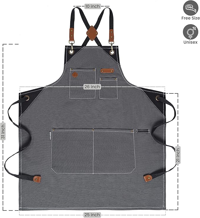 Chef Apron, Recycled Cotton Kitchen Apron with an Adjustable Neck with Long Ties, for cooking, baking