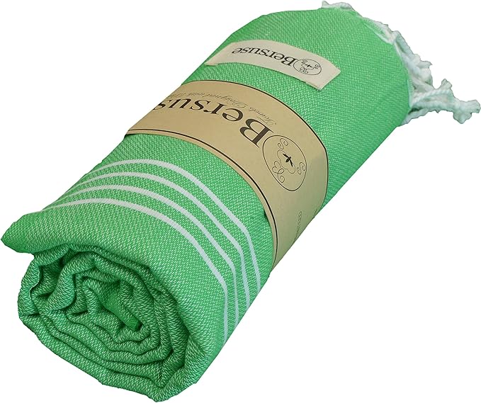 Bersuse Towels Anatolia XL Beach Blanket Throw Blanket Turkish Towel 100% Cotton Extra-Large Quick-Dry Lightweight Premium Peshtemal Towel - 61x82 Inches, Green