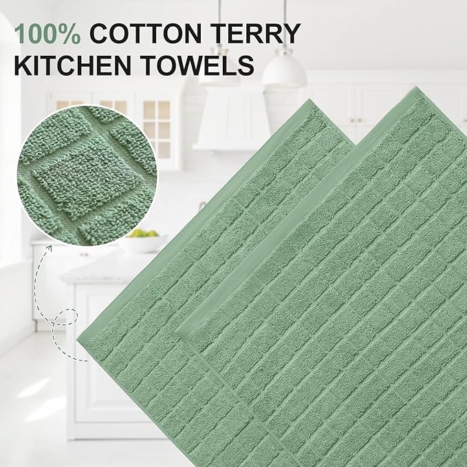 Homaxy Premium Cotton Kitchen Towels 16"x 28", Large Natural Ring Spun 390 GSM Dish Towels, Super Absorbent Terry Kitchen Hand Towels, Soft Tea Towels with Hanging Loop, Pure Grass Green, 8 Pack