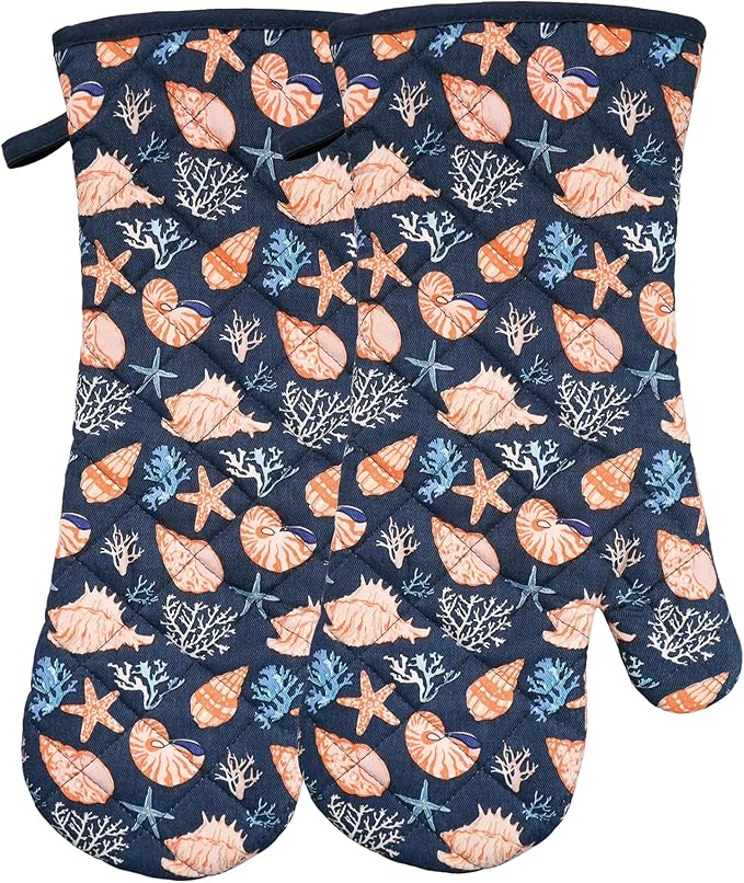 Oven Mitts Cotton Fashion Cute Cowry Design 1pair Heat Resistant Oven Gloves Safe Cooking Baking Grilling Barbecue Machine Washable Pot Holders (Cowry)