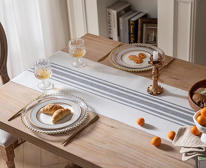 Boho Table Runner for Modern Farmhouse Decor, Dining Table décor 13 x 72 Inch Long, Coffee Table Runner with Handcrafted Tassels, Grey and Beige Stripe Table Runner for Home Boho Décor