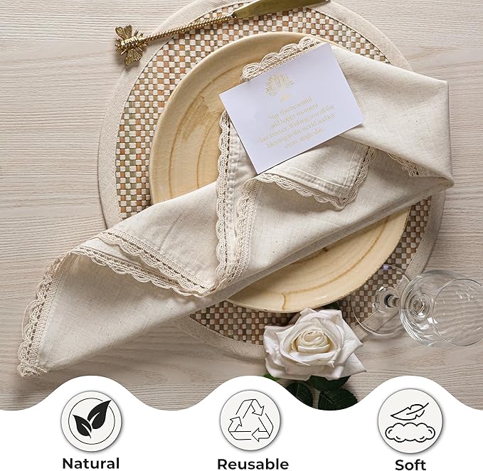Ramanta Home Natural Coth Dinner Napkin Set of 12 Premium Cotton 20X20 Inch Oversized Linen Flax Lace Soft & Durable Washable Ideal for Easter, Spring Decor, Wedding Parties, Everyday Use