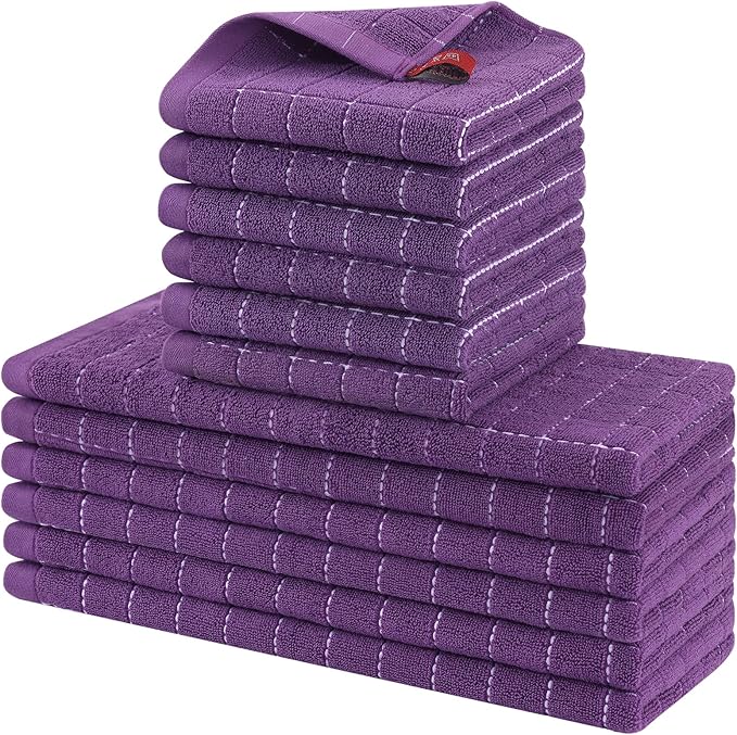 Homaxy Kitchen Towels and Dishcloths Set, 12 x 12 and 13 x 28 Inches, Set of 12 Bulk Cotton Terry Kitchen Towels Set, Checkered Designed, Soft and Super Absorbent Dish Towels, Purple