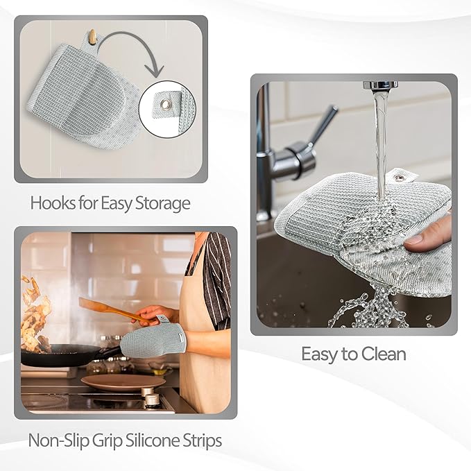 Casa Platino Heat Resistant Oven Mitts & Potholders, 4-Piece – Oven Mitt and Pot Holders Sets for Baking, Grilling & Microwave – Withstands Up to 500°F, Non-Slip, Machine Washable – Grey