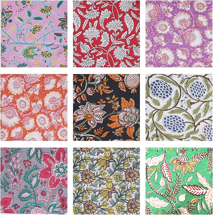 Cotton Marubhumi 10 Pc Cotton Cloth Napkins- Hand Block Print, Eco-Friendly, Dinner Napkins, Floral,Hand Made Size 16x16 Inch Printed Home Decor Multicolored
