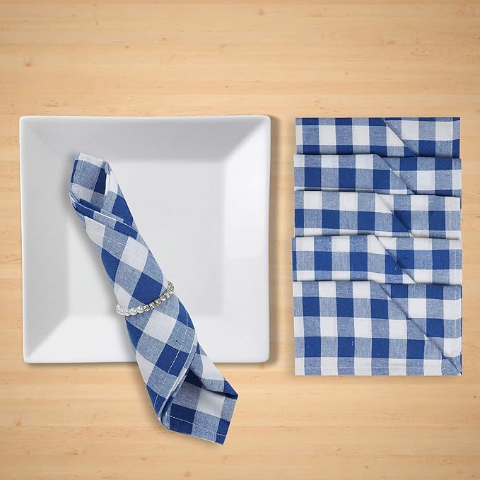 FINGERCRAFT Cloth Napkins, Everyday Use, Premium Quality, Cotton Buffalo Plaid, Set of 12, 20X20 Inch Oversized Napkins Cloth Mitered Corners, Soft, Durable Hotel Quality Blue White Checkered