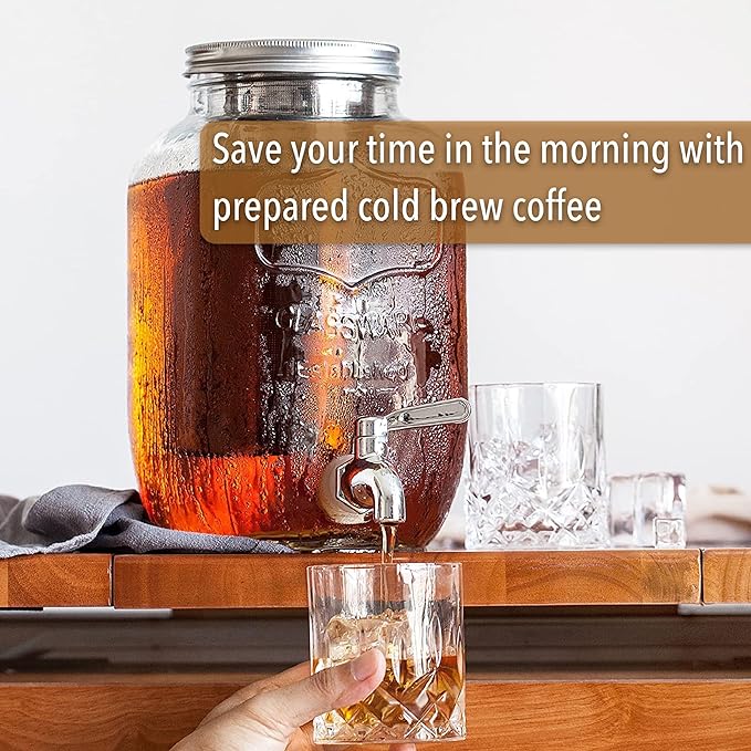 BTaT- 1 Gallon Cold Brew Coffee Maker, Thick Glass Pitcher with Stainless Steel Filter, Lid & Spigot, Iced Coffee & Sun Tea Brewer, Large Mason Jar Cold Brew Container, Fast Iced Tea Maker for Fridge