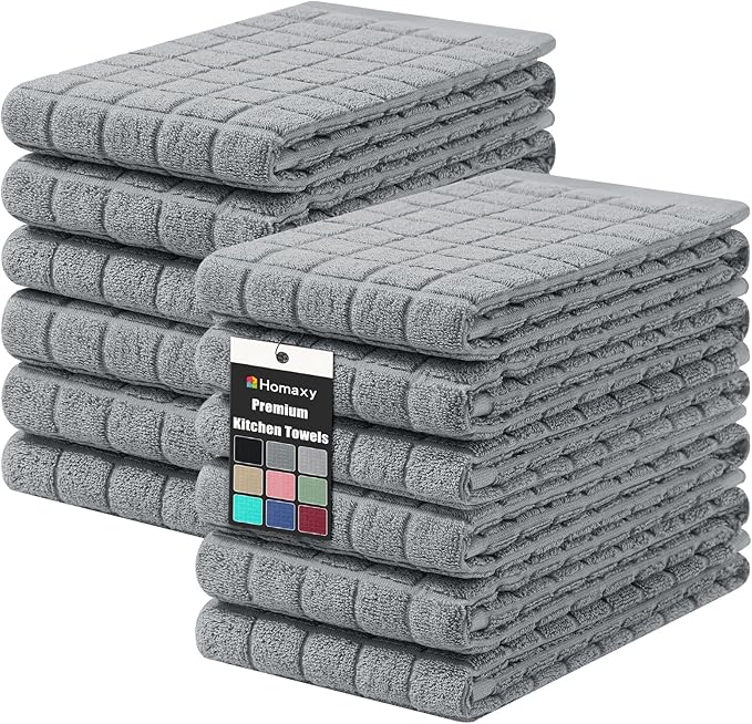 Homaxy Premium Cotton Kitchen Towels 16"x 28", Large Natural Ring Spun 390 GSM Dish Towels, Super Absorbent Terry Kitchen Hand Towels, Soft Tea Towels with Hanging Loop, Pure Grey Design, 12 Pack