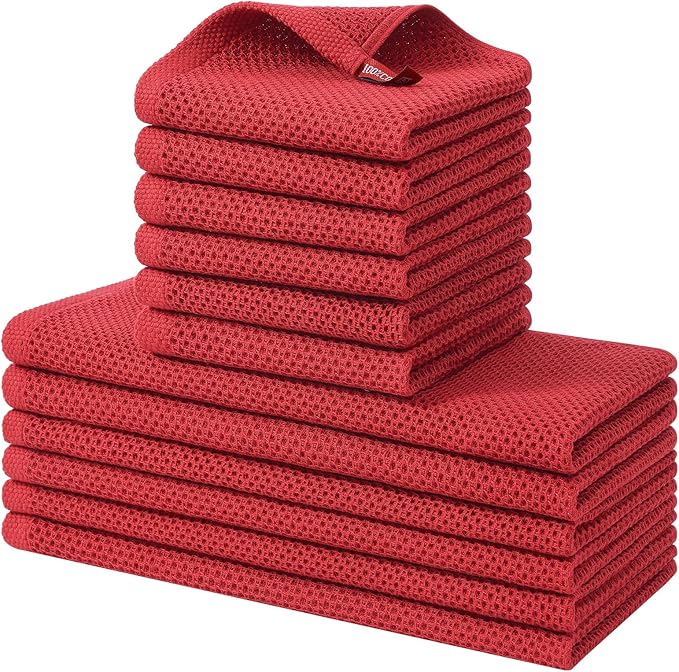 Kitinjoy 100% Cotton Kitchen Towels and Dishcloths Set, 12 Pack-13" x 28" and 12" x 12" Waffle Weave Dish Towels, Ultra Soft Absorbent Quick Drying Dish Rags, Red