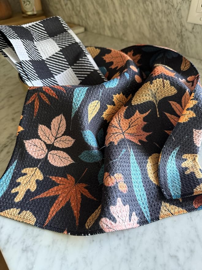 2 Pack || Double Sided|| Not Your Ordinary Kitchen Towels || Dish Towels || Quick Dry || Waffle Weave Microfiber || Designer Prints || Highly Absorbent || Hanging Hook (Fall Leaves Black)