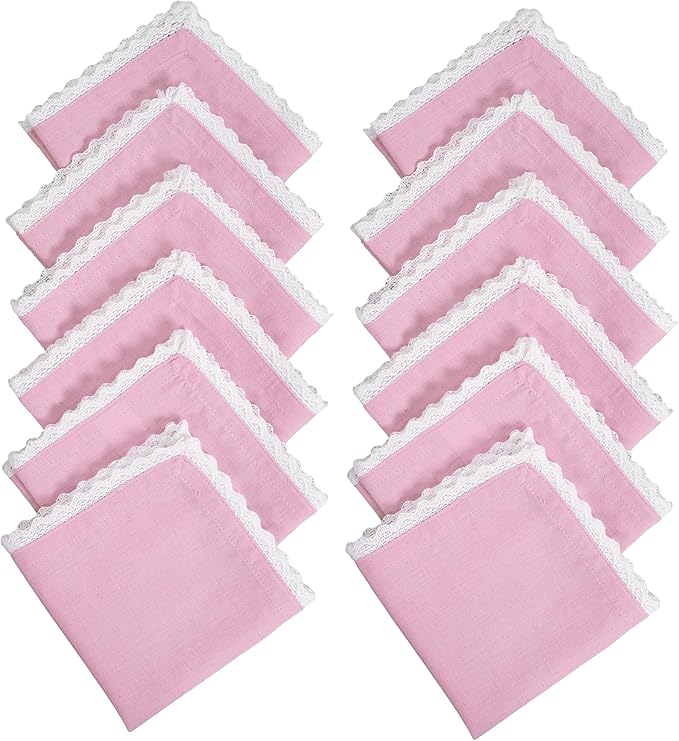 Fingercraft Dinner Cloth Napkin Cotton Linen Blend 12 Pack 12In Mitered Corners with Elegant Lace for Everyday Use Napkins Cloth are Pre Shrunk and Good Absorbency Pastel Rose Easter Color
