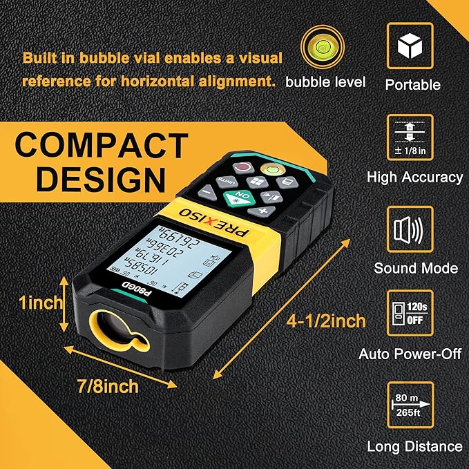 PREXISO Laser Measure Rechargeable, 265Ft Green Beam Laser Measurement Tool with Angle Sensor& 30 Sets Data Storage &1/4"-20 Threaded Hole - Ft/Ft+in/in/M Units - Pythagorean Mode, Area, Volume