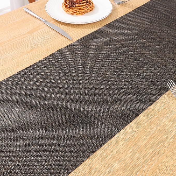 SHACOS Woven Vinyl Table Runner 12 x 54 inch Wipeable Plastic Table Runners Heat Resistant Runner for Table Indoor Outdoor, Black Brown