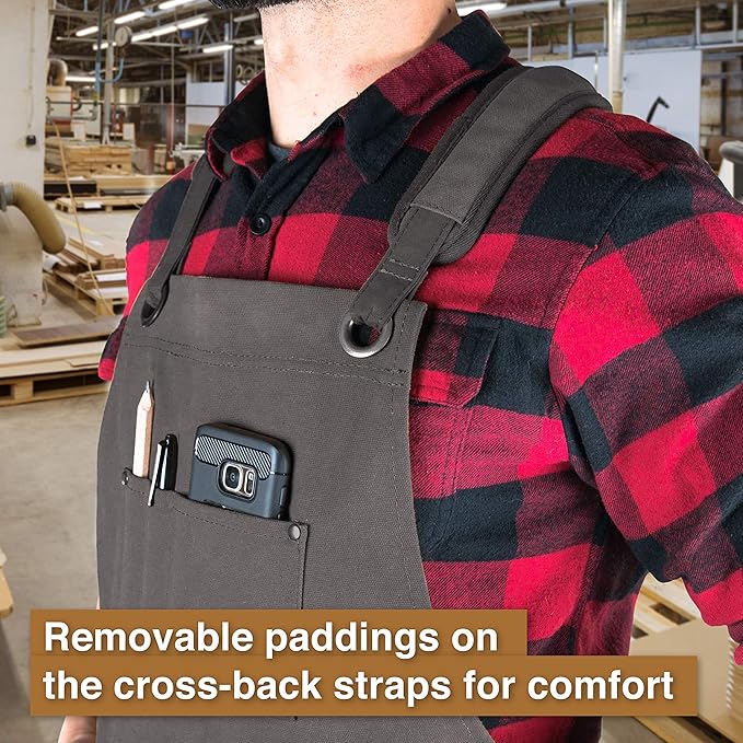 Hudson Durable Goods Woodworking Edition Waxed Canvas Tool Apron for Men and Women, Heavy Duty Work Apron with Front Pockets, Adjustable Padded Straps, Quick Release Buckle, Crossback - One Size, Grey