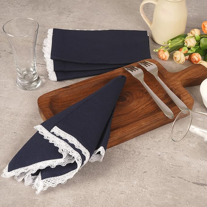Fingercraft Dinner Cloth Napkin Cotton Linen Set of 12 Mitered Corners with Natural Elegant Lace for Everyday Use Napkins are Pre Shrunk and Good Absorbency with Lace 20x20 in Navy Easter Color