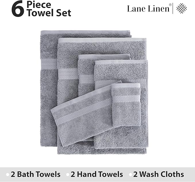 LANE LINEN 100% Cotton Turkish Towel Set for Bathroom - 6 Piece - Super Soft, Quick Dry & Highly Absorbent - 2 Bath, 2 Wash cloths, 2 Hand Towels - Hotel Quality, Durable & OEKO-TEX Certified - Grey