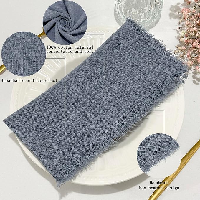24Pack Dusty Blue Cloth Napkins 17x17Inch Dusty Blue Napkins Cloth with Fringe Soft Cotton Cloth Napkins Washable Rustic Dinner Napkins Cloth for Wedding Party Dinner Table