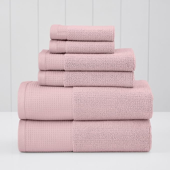 Modern Threads Waffle-Rib 6-Piece Towel Set – Premium Cotton Bath Towels, Ultra-Absorbent & Soft, Elegant Waffle Texture for Bathroom & Spa, Petal
