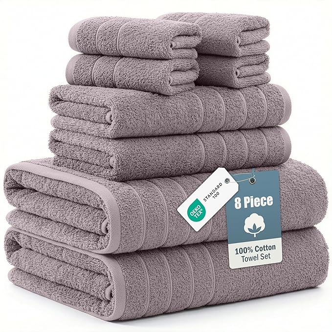 CASA PLATINO 100% Cotton Bath Towel Set 8 Pcs - Soft, Absorbent & Pre Shrunk - 2 Bath, 4 Washcloths, 2 Hand Towels for Bathroom - Machine Washable, OEKO TEX Certified & Sustainably Produced - Platinum