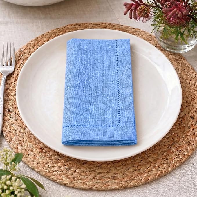 Palisa Light Blue Cotton Napkins Set of 4 | Premium Hemstitch Detailing Cloth Dinner Napkins 18x18 Inch | Soft Washable & Reusable Table Napkins for Everyday Use Weddings Parties Restaurants & Hotels
