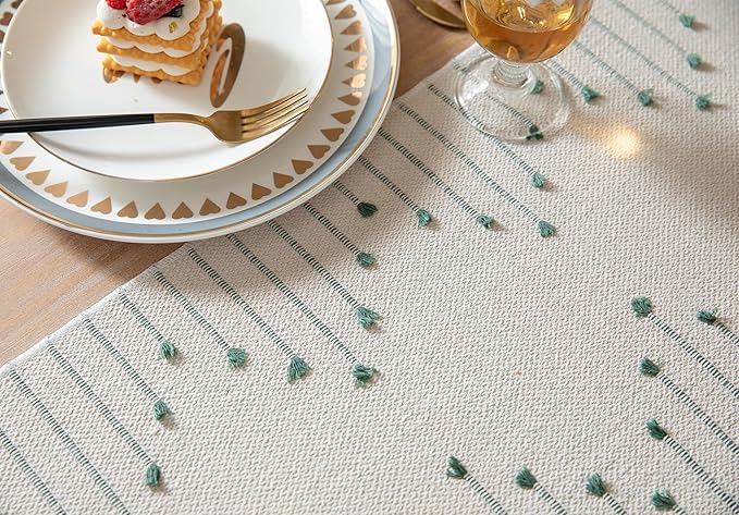 Boho Table Runner 13 x 60 Inch Long Natural Cotton Woven Runner with Tassels for Home Dining Table décor, for Modern Farmhouse Decor Coffee Table Runner, Green and Beige