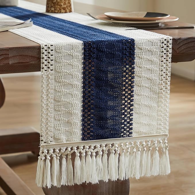 ZeeMart Macrame Style Bicolor Stitching Table Runner, 14 x 90 Inch Navy Blue/Ivory, Boho Navy Table Runners 90 Inches Long, Farmhouse Woven Home Decor