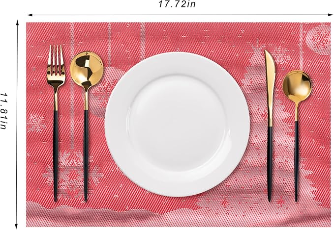 CADONO Placemats Set of 4 Washable Indoor/Outdoor Vinyl Place Mats for Dining Table Durable Non-Slip Heat Resistant PVC Weave Table Mats（Christmas Tree-Red）