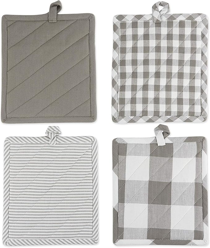 DII Gingham Check Kitchen Collection, Gray, Potholder Set