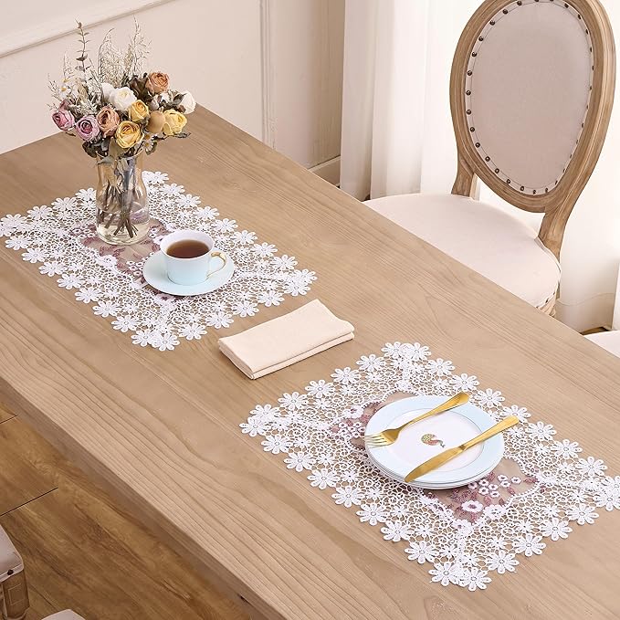 White Dark Red Silver Floral Lace Placemats 14”x20” Set of 2, Table Topper Dresser Scarf Place Mats (Set of 2, White & Dark Red)