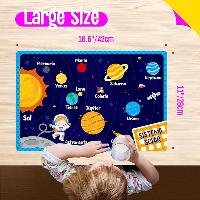6 Pack Placemats for Kids, Non-Slip Washable Table Mats, Reusable Spanish Alphabet, Number, Shape & Color, Universe, Map Themed Educational Placemats for Home, Kindergarten, Classroom, Nursery