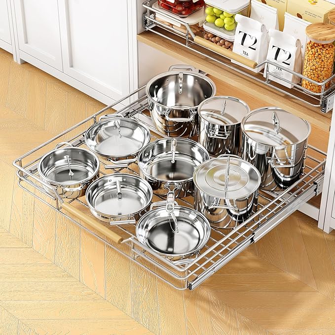 Pull out Cabinet Organizer, 21"W X 21"D, Heavy Duty Smooth Sliding Under Cabinet Shelves for Pots and Pans, Full-Extension Roll out Drawers, Slide out Organization for Home Kitchen Pantry