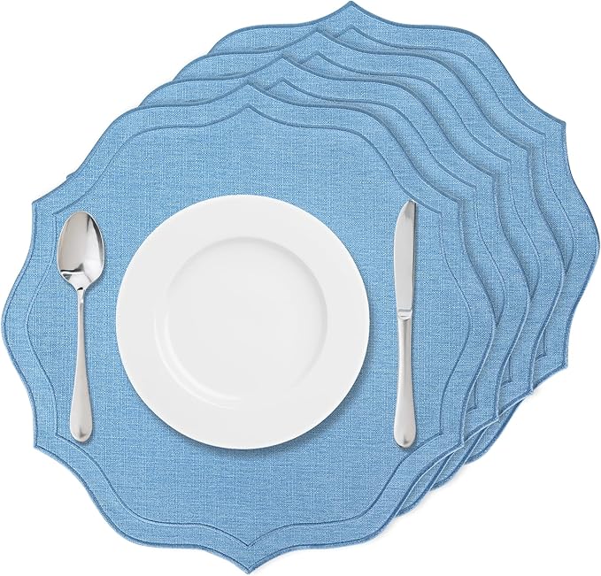Set of 4 Cotton Linen Placemats, 15x15 Round Scalloped Cloth Table Mats, Embroidery Machine Washable, Wrinkle Resistance Fabric Place Mats for Wedding Summer Baby Shower Party Table Decor-Blue