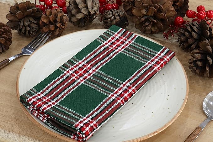 PurpleEssences Tartan Plaid Cloth Napkins - Mitered Corners - Spring Easter Summer - Scottish Check Dinner Napkin - Set of 12-100% Cotton - 18x18 Inch - Reusable Washable - Green